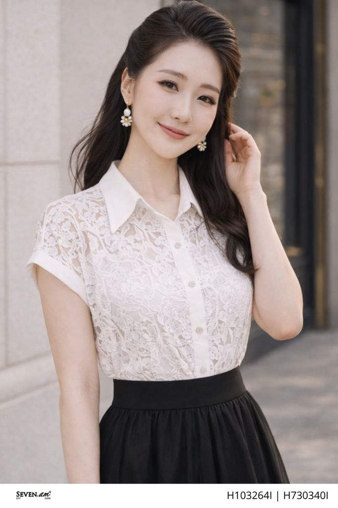 Áo sơ mi trắng kem ren cổ đức thanh lịch thời trang nữ Seven.AM H103264I