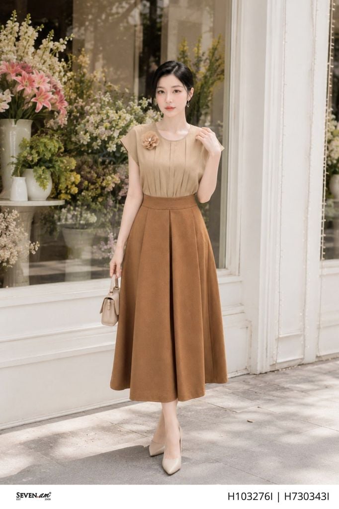 Chân váy chữ A nâu cạp cao tôn dáng thời trang nữ Seven.AM H730343I