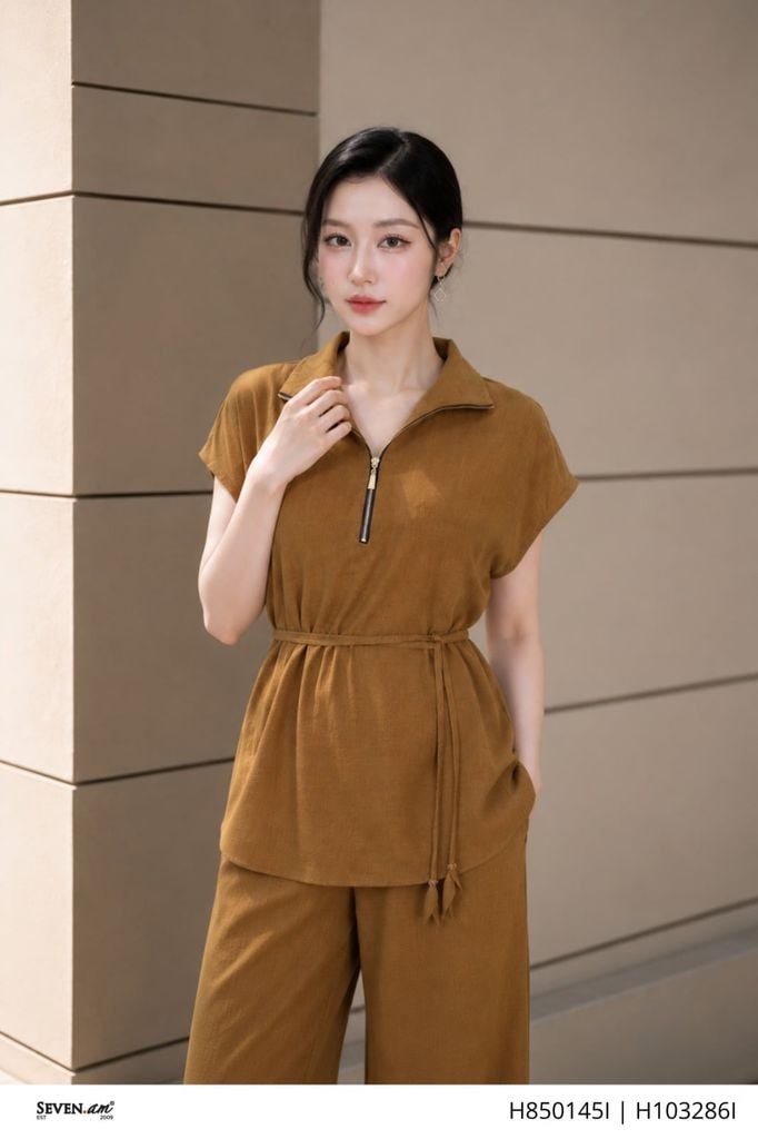 Áo kiểu be nâu cổ khóa kéo buộc dây eo tôn dáng thời trang nữ Seven.AM H103286I