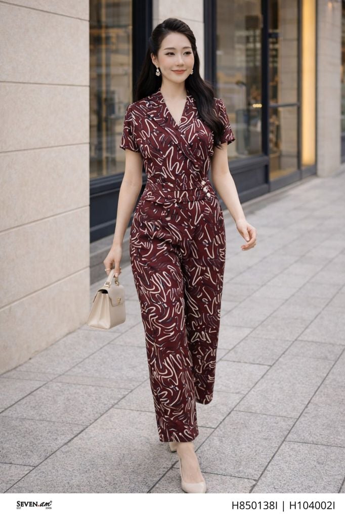Quần suông lụa đỏ burgundy họa tiết nét trừu tượng tôn dáng thời trang nữ Seven.AM H850138I
