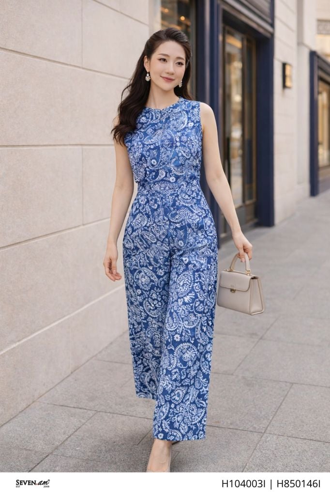 Quần suông xanh trắng họa tiết Paisley tôn dáng thời trang nữ Seven.AM H850146I