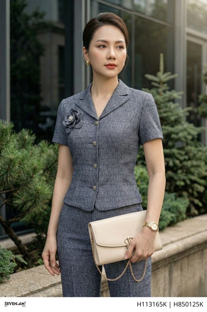 Áo ký giả xanh light navy đũi xước cổ đính hoa trà thời trang nữ Seven.AM H113165K