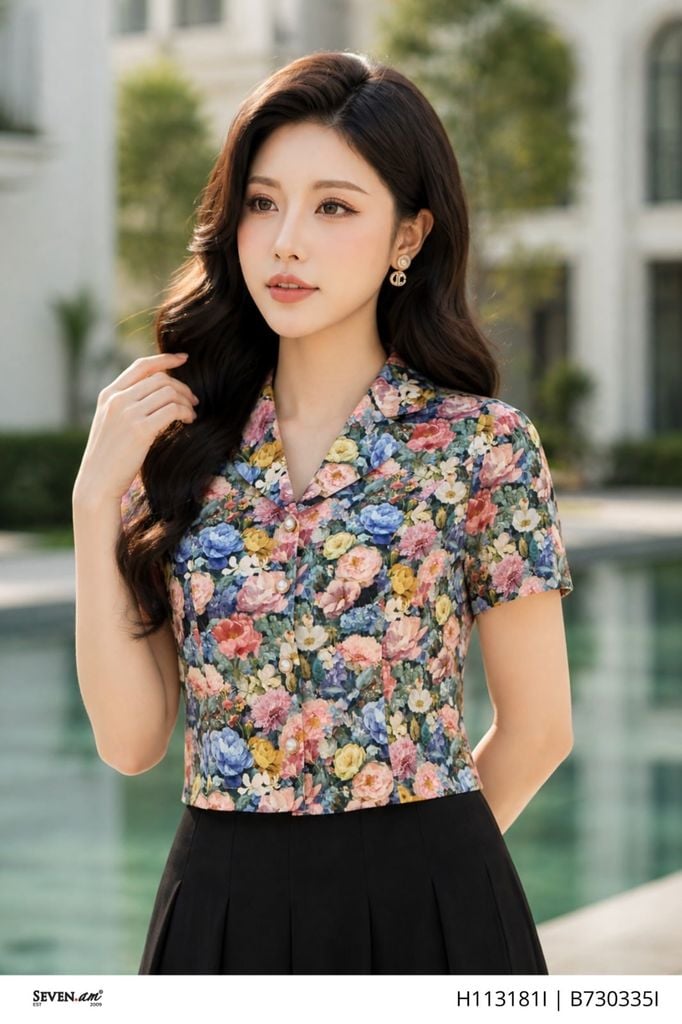 Áo kiểu họa tiết hoa hồng xanh thanh lịch thời trang nữ Seven.AM H113181I