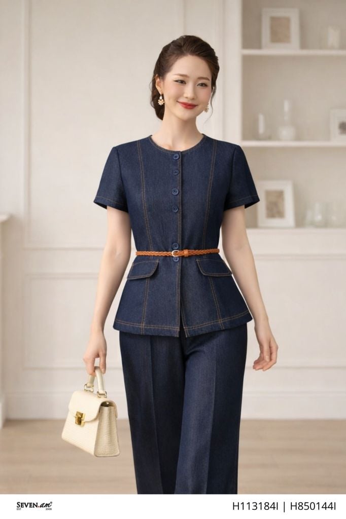 Áo kiểu denim lụa xanh navy kèm đai tôn dáng thời trang nữ Seven.AM H113184I