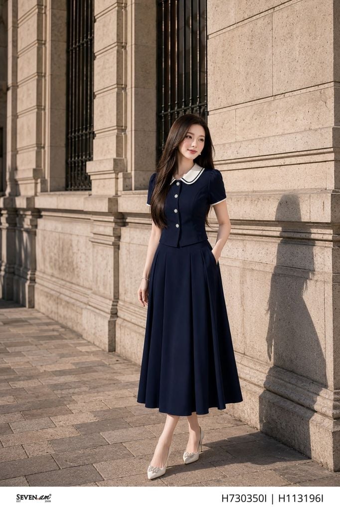 Chân váy xòe xếp ly xanh navy tôn dáng thanh lịch thời trang nữ Seven.AM H730350I