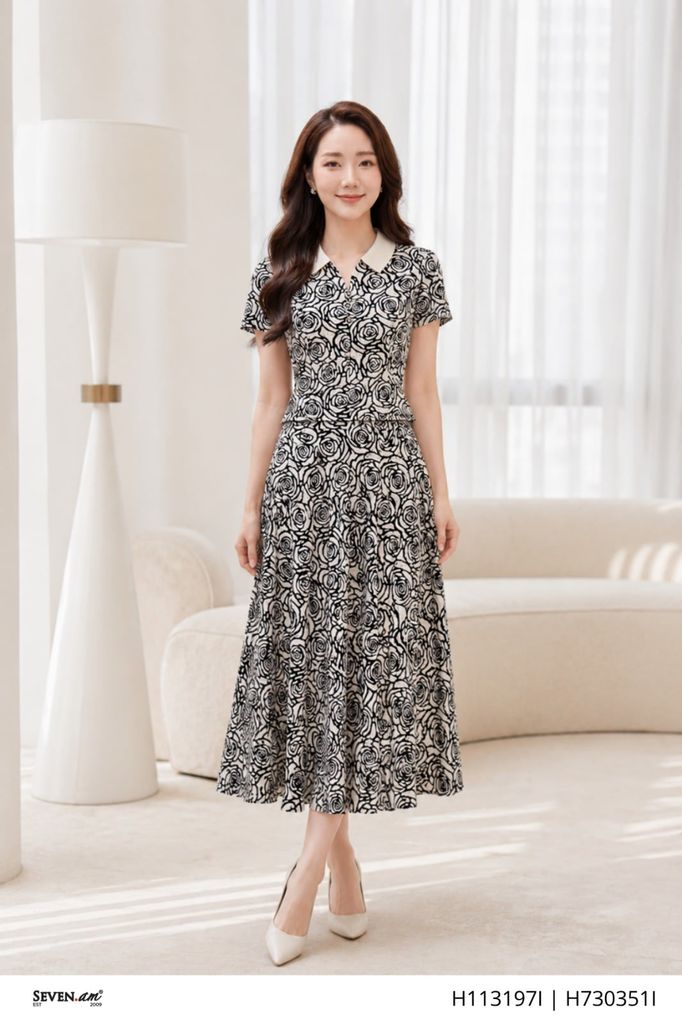 Chân váy A be họa tiết hoa hồng đen tôn dáng thời trang nữ Seven.AM H730351I