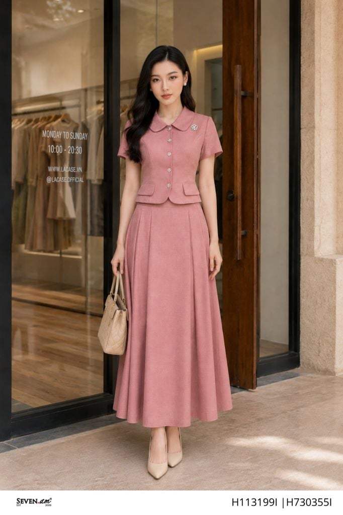 Chân váy A hồng dusty rose xếp ly tôn dáng thời trang nữ Seven.AM H730355I