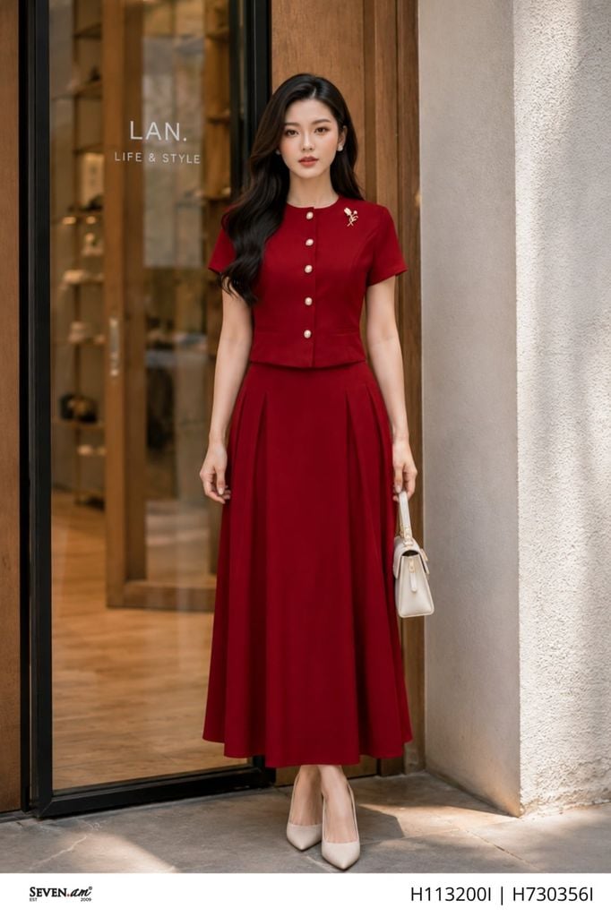 Chân váy xếp ly đỏ burgundy tôn dáng thời trang nữ Seven.AM H730356I