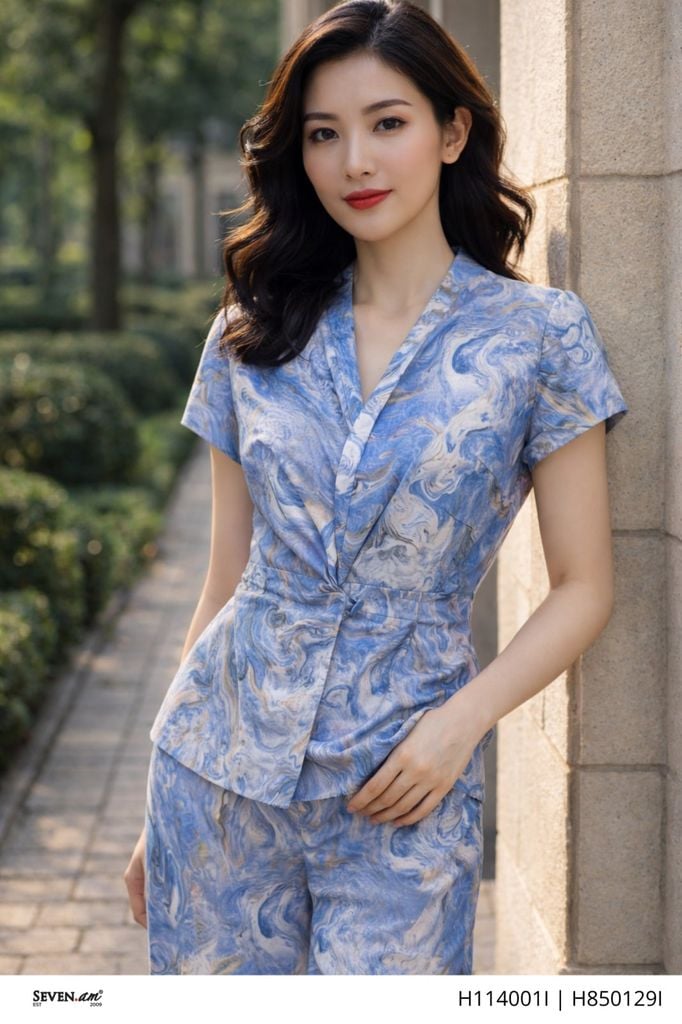 Áo kiểu vân đá loang xanh ghi cổ vest buộc eo tôn dáng thời trang nữ Seven.AM H114001I