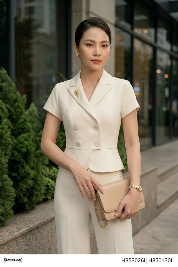 Áo ký giả kem cài charm hoa trang trí thời trang nữ Seven.AM H353026I