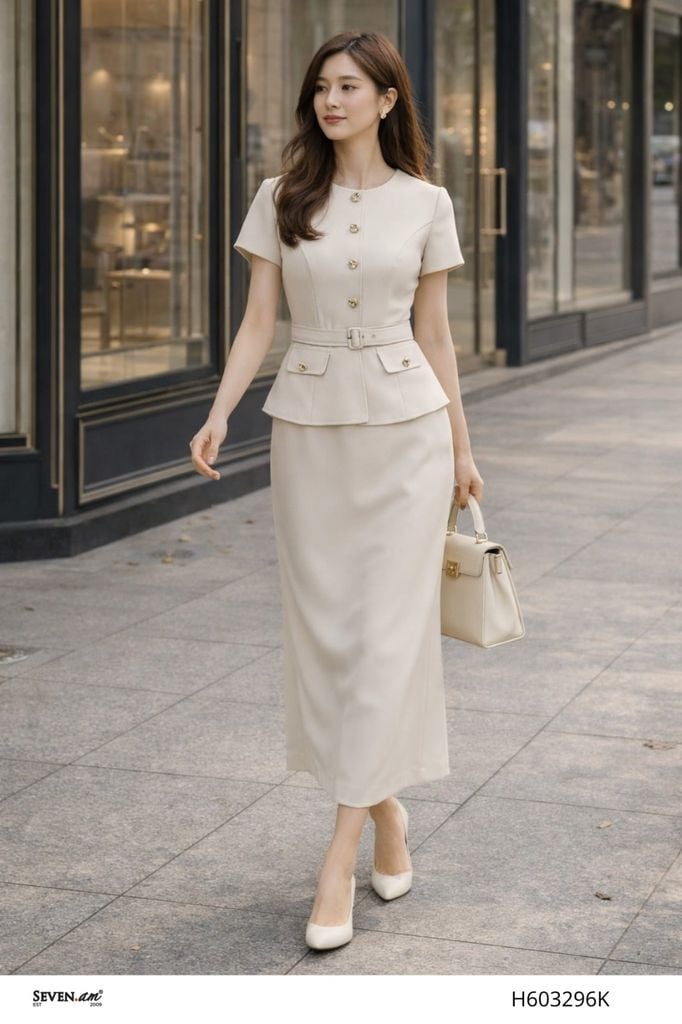 Đầm peplum trắng kem cổ tròn đính cúc sang trọng thời trang nữ Seven.AM H603296K