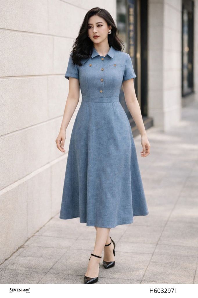 Đầm A xanh ghi cổ sơ mi đính cúc thanh lịch thời trang nữ Seven.AM H603297I