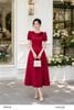  Đầm midi lụa đỏ burgundy cổ đính hoa 3D tay phồng thời trang nữ Seven.AM H603306I 