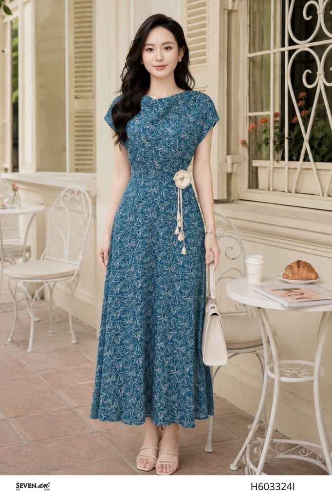 Đầm xòe xanh be họa tiết trừu tượng thắt eo đính hoa thanh lịch thời trang nữ Seven.AM H603324I