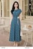  Đầm xòe xanh be họa tiết trừu tượng thắt eo đính hoa thanh lịch thời trang nữ Seven.AM H603324I 