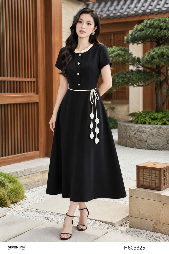 Đầm xòe đen be thắt eo dây trang trí thời trang nữ Seven.AM H603325I