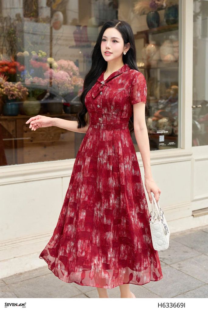 Đầm midi xoè họa tiết trừu tượng thời trang nữ Seven.AM H633669I