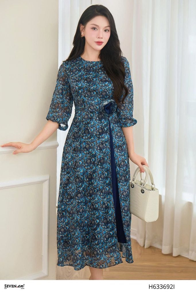Đầm midi xoè tơ vân hoa phối hoạ tiết thời trang nữ Seven.AM  H633692I