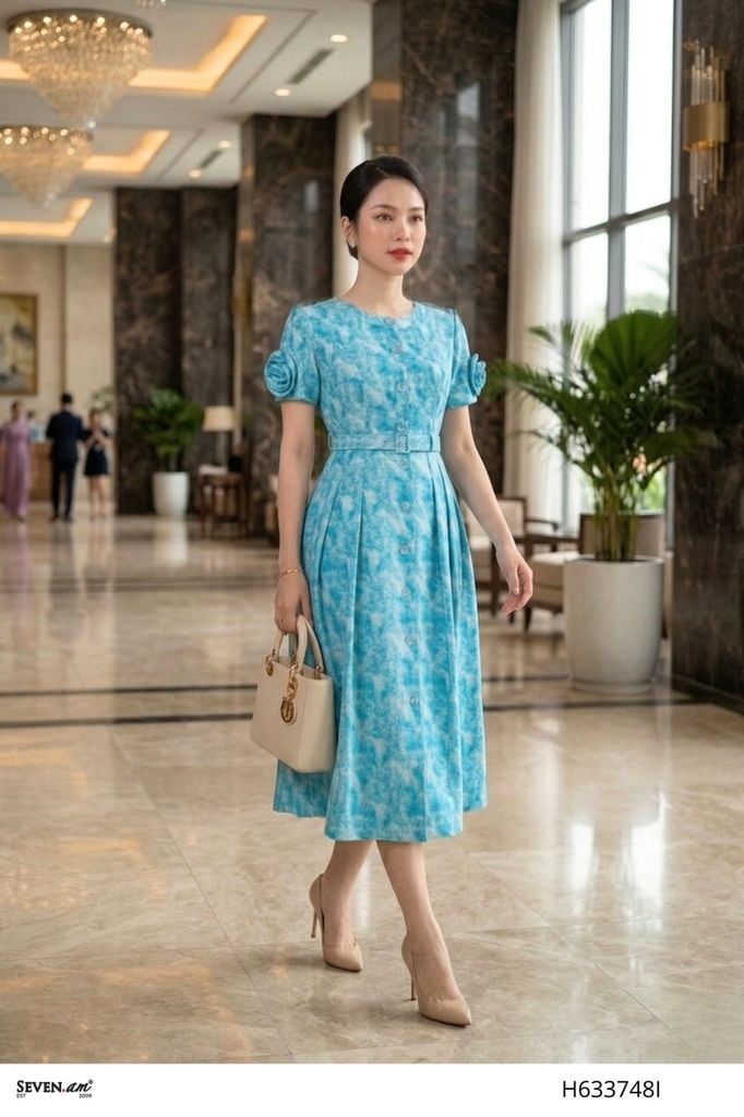 Đầm xòe xanh phần tay đính hoa tinh xảo thời trang nữ Seven.AM H633748I