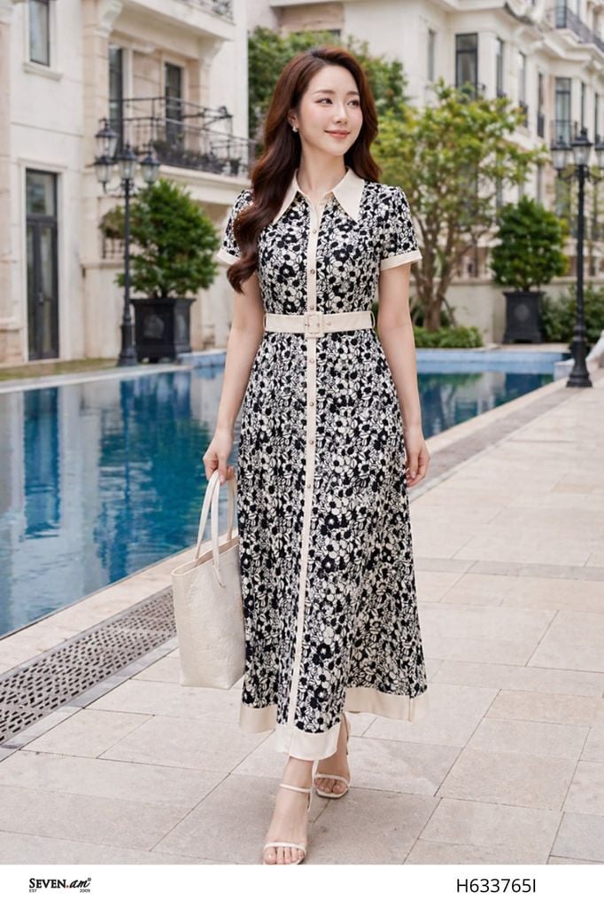 Đầm midi họa tiết đen be hoa cổ bẻ kèm đai thanh lịch thời trang nữ Seven.AM H633765I