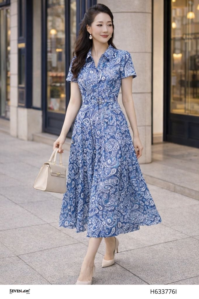 Đầm xòe xanh họa tiết paisley trắng cổ bẻ thanh lịch thời trang nữ Seven.AM H633776I