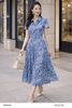  Đầm xòe xanh họa tiết paisley trắng cổ bẻ thanh lịch thời trang nữ Seven.AM H633776I 