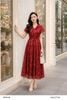  Đầm xòe họa tiết hoa chìm đỏ đô cổ vest chiết eo thanh lịch thời trang nữ Seven.AM H633779K 