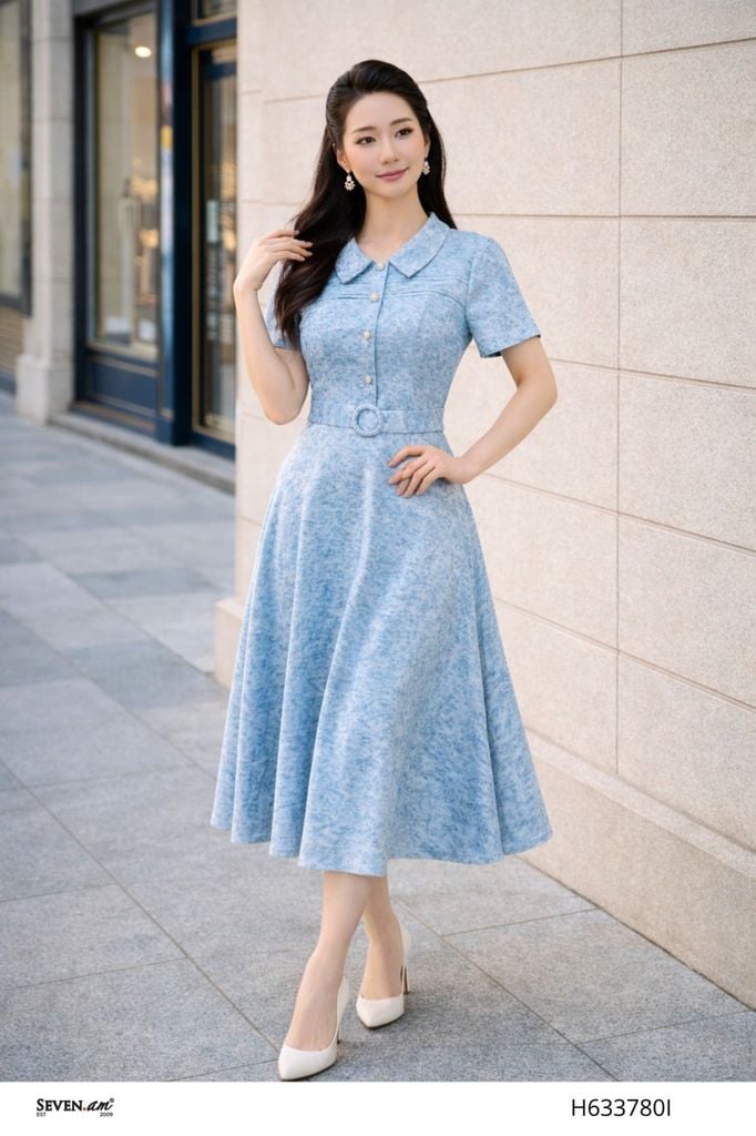 Đầm xòe xanh ghi lụa vân cổ bẻ thắt eo thanh lịch thời trang nữ Seven.AM H633780I