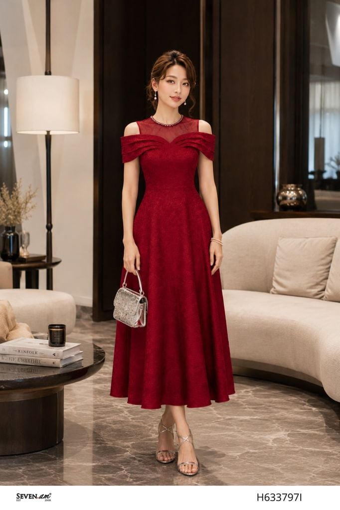 Đầm midi đỏ ruby lụa vân trễ vai sang trọng thời trang nữ Seven.AM H633797I