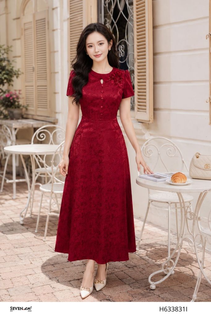 Đầm xòe đỏ đính hoa nổi cổ tròn thanh lịch thời trang nữ Seven.AM H633806I