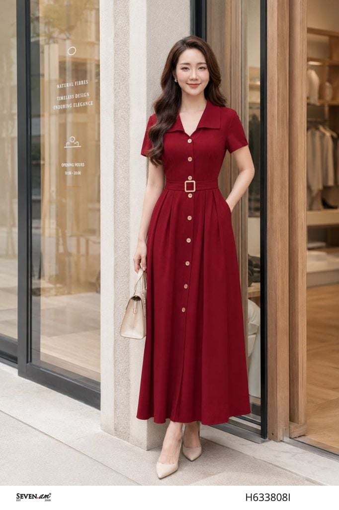 Đầm A đỏ burgundy cổ ve đính cúc kèm đai eo thời trang nữ Seven.AM H633808I