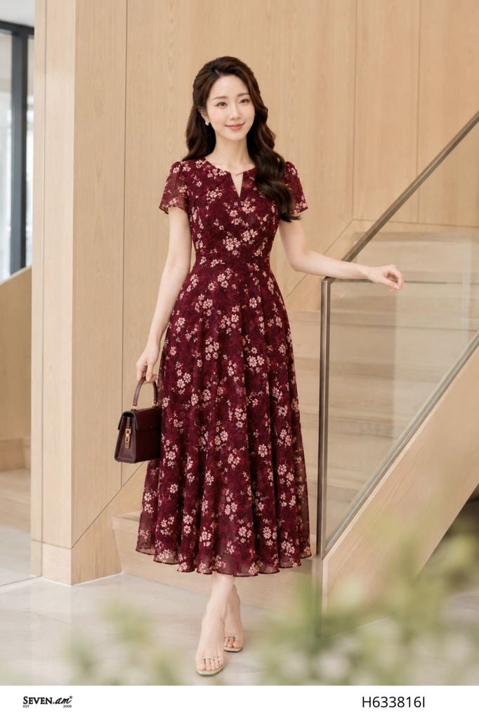 Đầm xòe đỏ burgundy họa tiết hoa dây be thanh lịch thời trang nữ Seven.AM H633816I