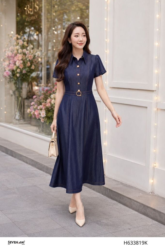 Đầm xòe xanh denim cổ sơ mi tay ngắn thắt eo thời trang nữ Seven.AM H633819K