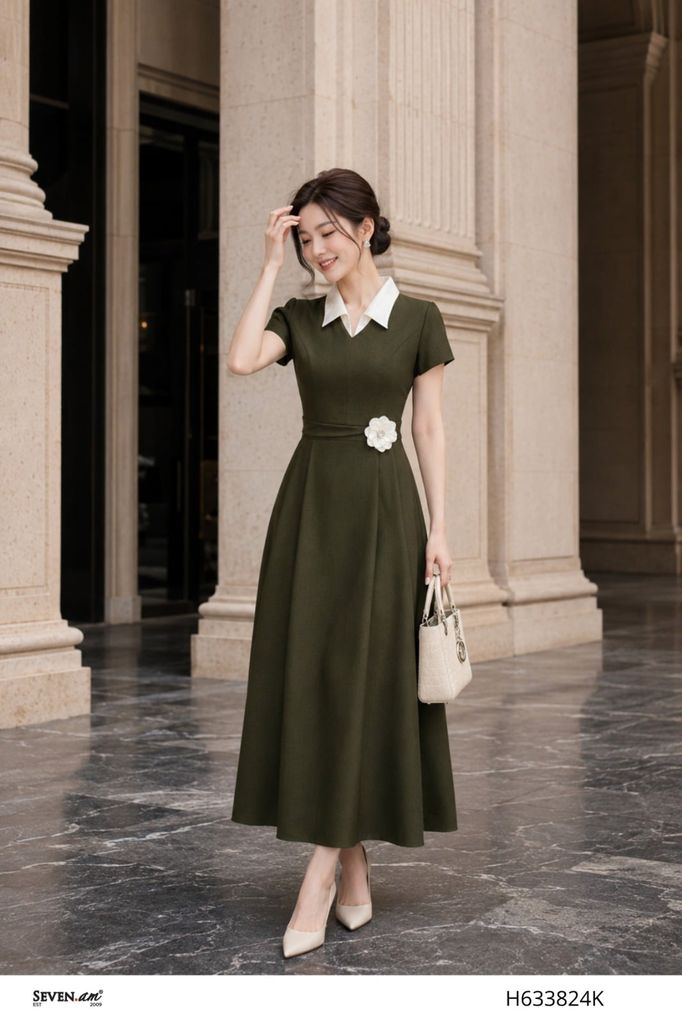 Đầm xòe xanh rêu phối cổ trắng đính hoa eo thanh lịch thời trang nữ Seven.AM H633824K