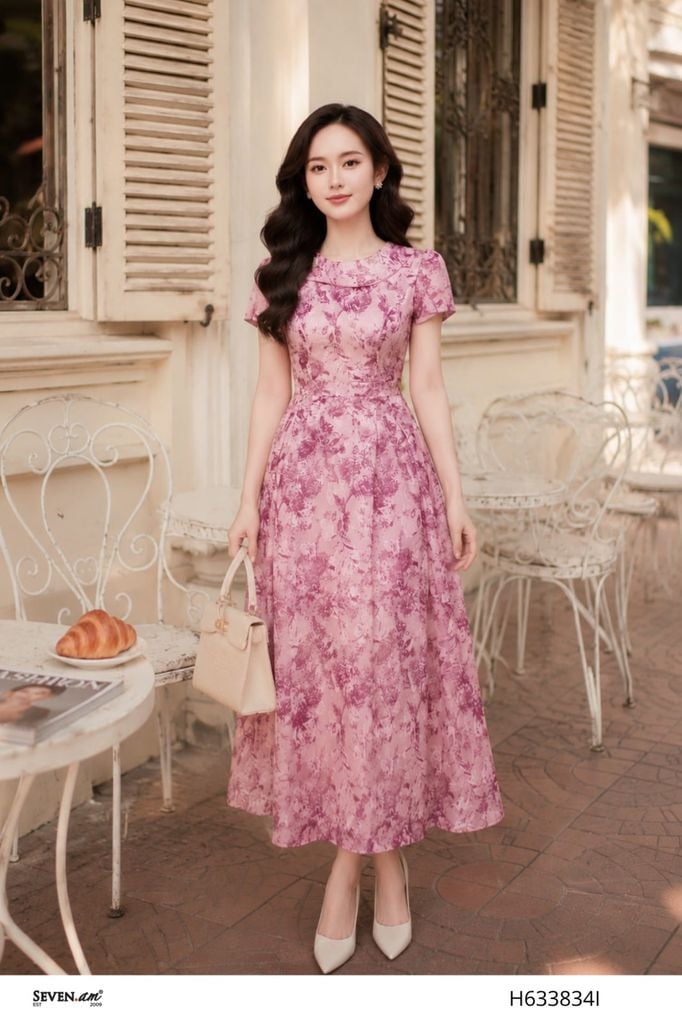 Đầm xòe tơ hồng dusty rose họa tiết nét hoa trừu tượng thanh lịch thời trang nữ Seven.AM H633834I