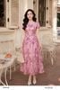  Đầm xòe tơ hồng dusty rose họa tiết nét hoa trừu tượng thanh lịch thời trang nữ Seven.AM H633834I 
