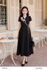  Đầm xòe đen be đính hoa nổi cổ V thanh lịch thời trang nữ Seven.AM H633838I 