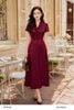  Đầm xòe đỏ tím lụa vân cổ vest đính charm trang trí thời trang nữ Seven.AM H633846I 