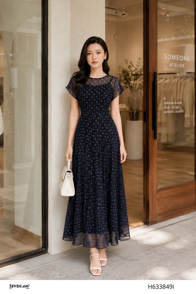 Đầm xòe chiffon đen chấm hồng thắt eo thanh lịch thời trang nữ Seven.AM H633849I