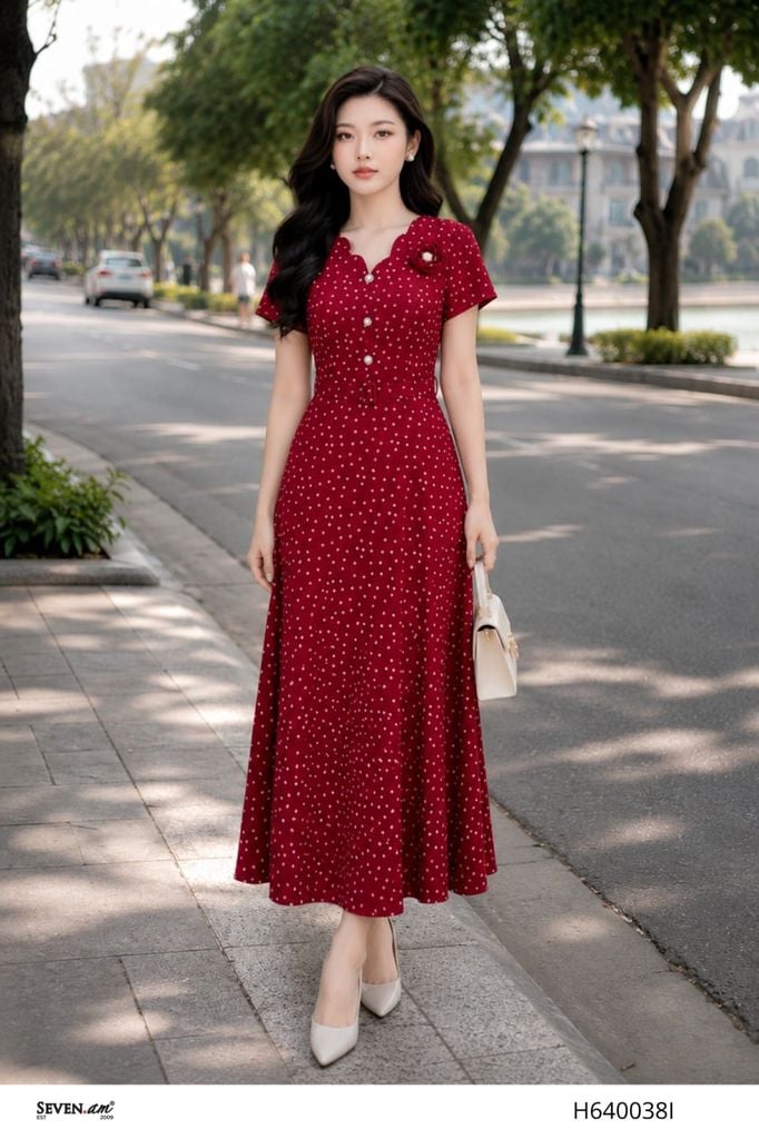 Đầm midi đỏ ruby chấm hoa trắng cổ cách điệu  đính hoa thanh lịch thời trang nữ Seven.AM H640038I
