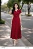  Đầm midi đỏ ruby chấm hoa trắng cổ cách điệu  đính hoa thanh lịch thời trang nữ Seven.AM H640038I 