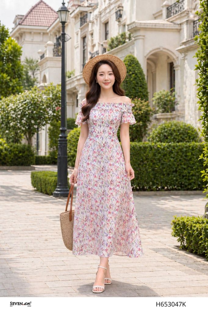Đầm maxi kem họa tiết hoa dây hồng trễ vai thanh lịch thời trang nữ Seven.AM H653047K