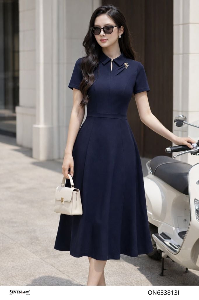 Đầm xòe xanh navy cổ cách điệu đính charm sang trọng thời trang nữ Seven.AM ON633813I