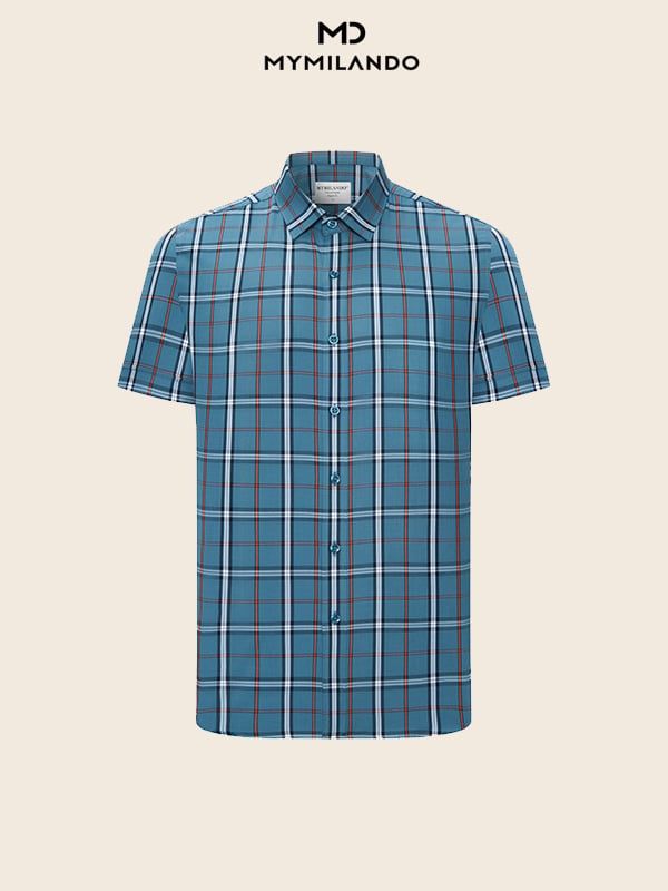 Áo Sơ Mi Nam Ngắn Tay Milando SMCMI288 Xanh Caro Modal Sợi Sồi