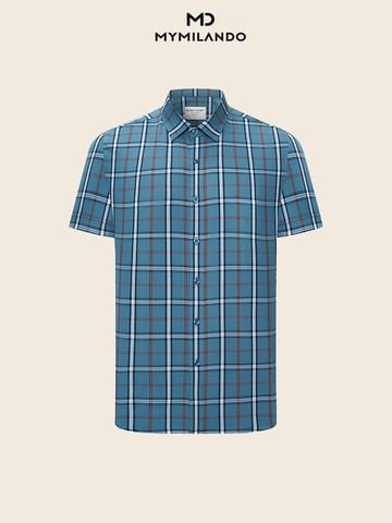 Áo Sơ Mi Nam Ngắn Tay Milando SMCMI288 Xanh Caro Modal Sợi Sồi