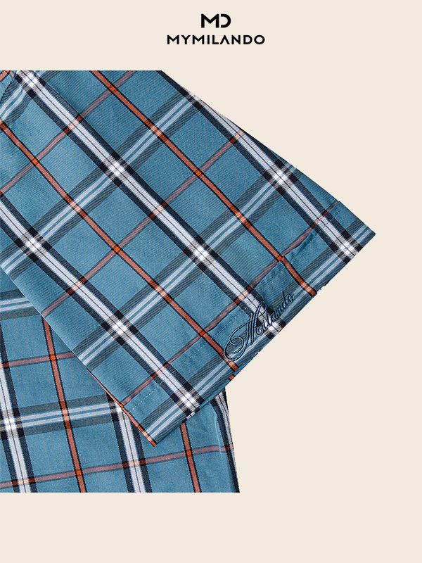 Áo Sơ Mi Nam Ngắn Tay Milando SMCMI288 Xanh Caro Modal Sợi Sồi