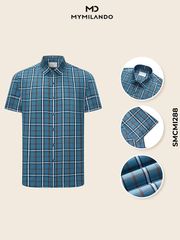 Áo Sơ Mi Nam Ngắn Tay Milando SMCMI288 Xanh Caro Modal Sợi Sồi