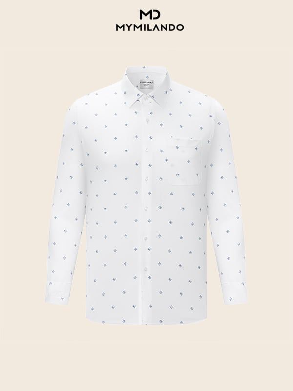 Áo Sơ Mi Nam Milando SMDMI233 Trắng Họa Tiết Sợi Cafe Có Túi