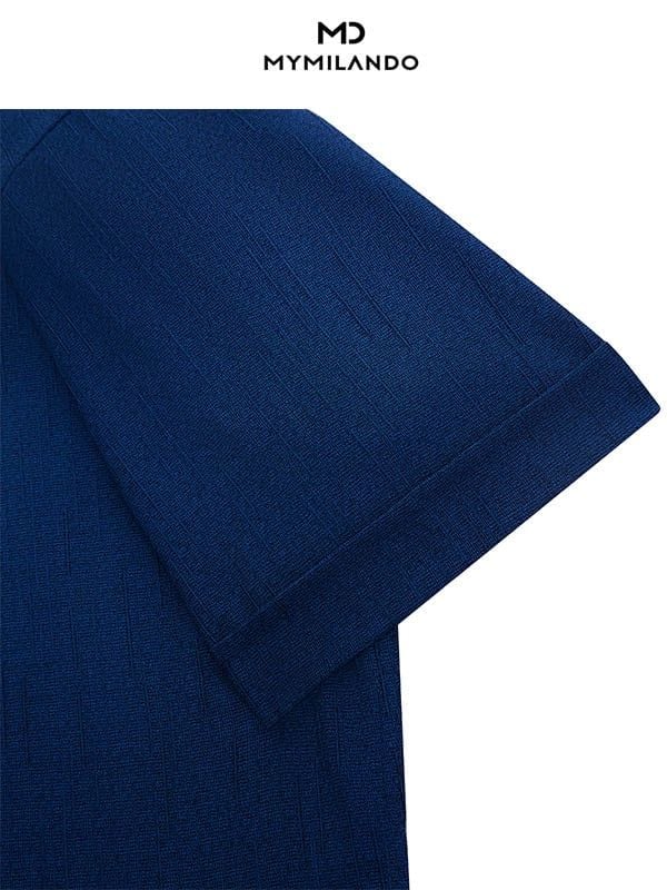 Áo Sơ Mi Nam Ngắn Tay Milando SMCMI88 Xanh Đậm Vân Chìm Cao Cấp
