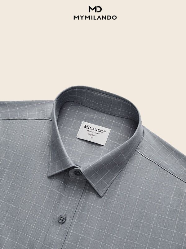 Áo Sơ Mi Nam Milando SMDMI227 Xám Caro Sợi Cafe Khử Mùi